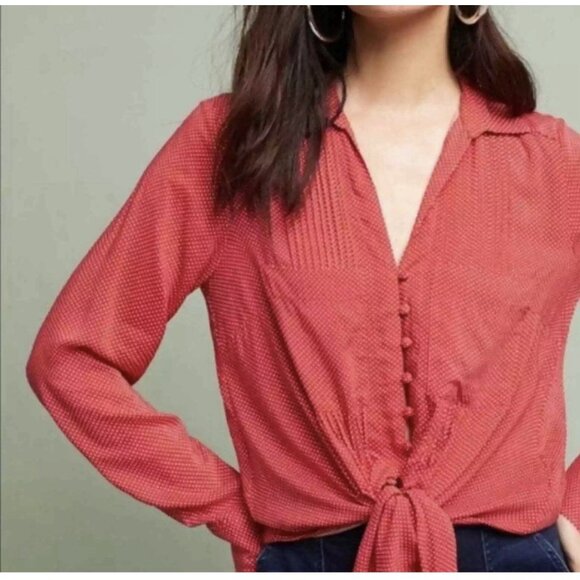 Anthropologie Maeve Shirt Small Blouse Polka Dot Matilda Red Long Sleeve - Picture 3 of 13